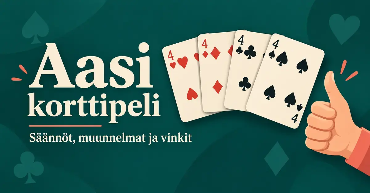 Aasi-korttipelin kuvituksessa on neljä nelosen pelikorttia, pystyyn nostettu peukalo ja teksti ”Aasi korttipeli – Säännöt, muunnelmat ja vinkit” tummanvihreällä taustalla.