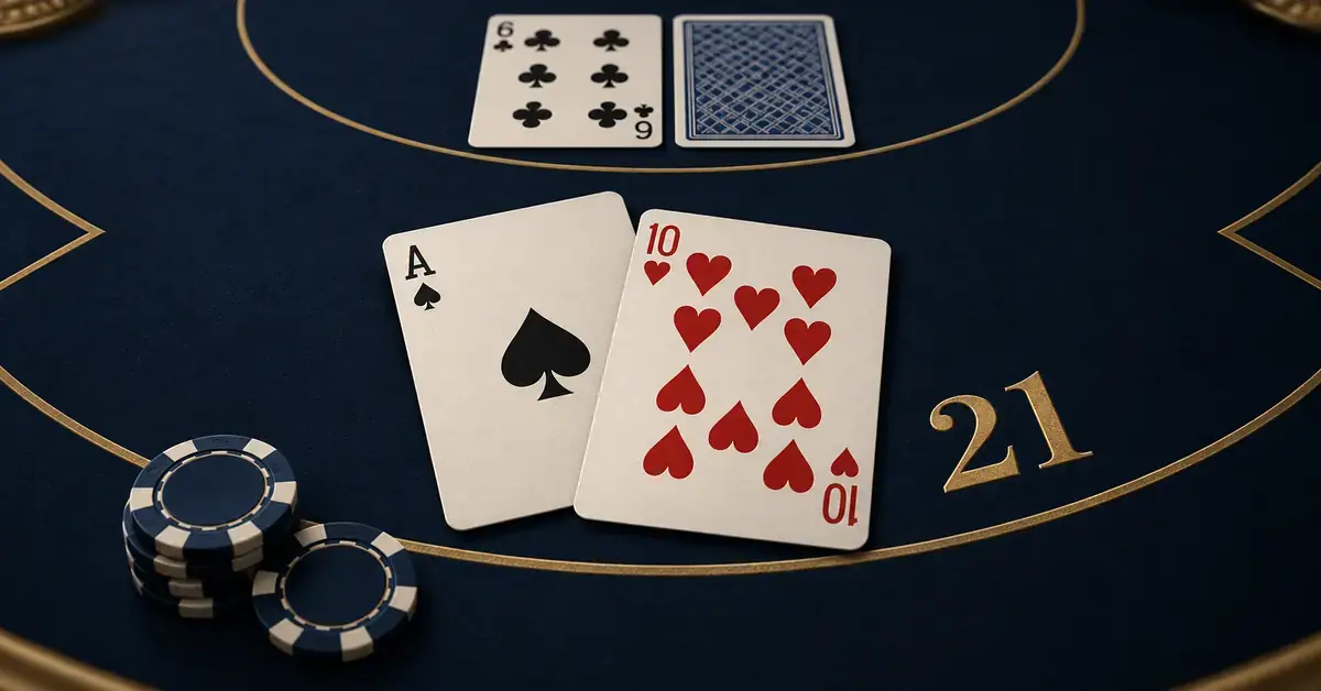Pataässä ja herttakymppi muodostavat 21 pisteen blackjack-käden tummansinisellä pelipöydällä, jolla näkyvät myös jakajan kortit ja pelimerkkejä.