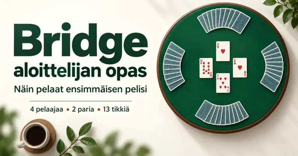 Bridgen aloittelijan oppaan kuvituksessa vihreällä pelipöydällä on neljä korttiviuhkaa ja neljä herttakorttia sekä teksti ”4 pelaajaa, 2 paria, 13 tikkiä”.