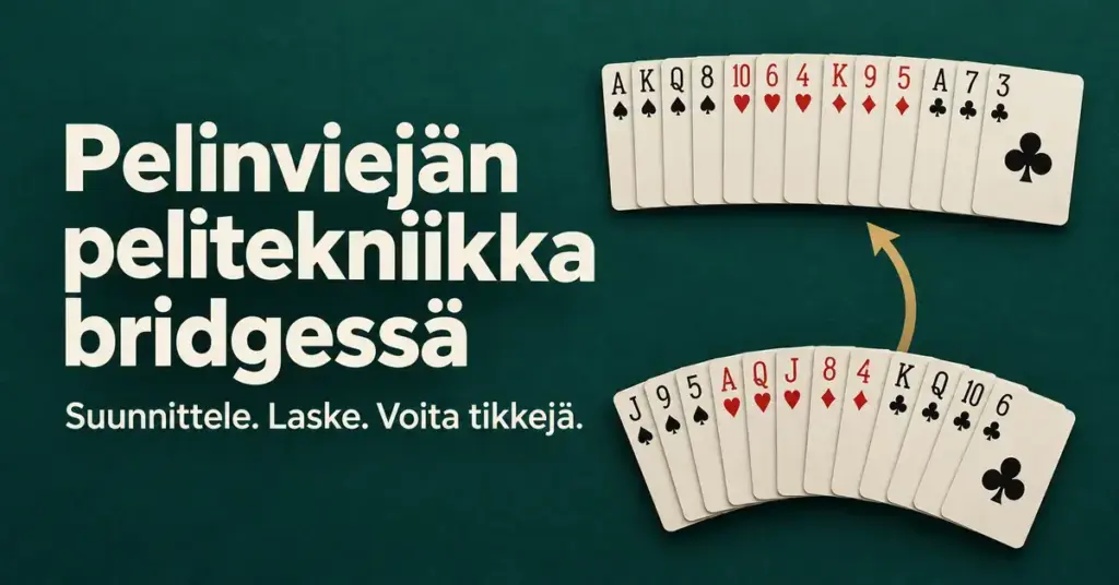 Pelinviejän ja lepääjän kortit sekä niitä yhdistävä nuoli havainnollistavat bridgen pelisuunnitelmaa vihreällä taustalla.