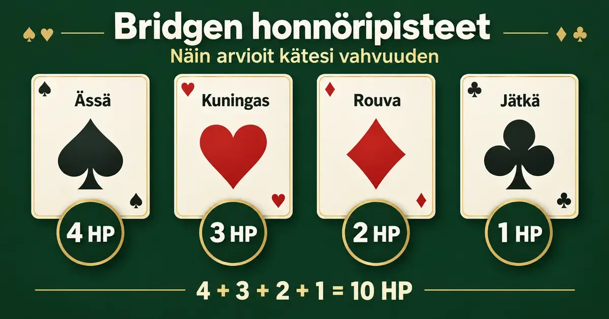 Bridgen honnöripisteitä havainnollistava kuva, jossa ässä on 4, kuningas 3, rouva 2 ja jätkä 1 pisteen arvoinen, yhteensä 10 honnöripistettä.