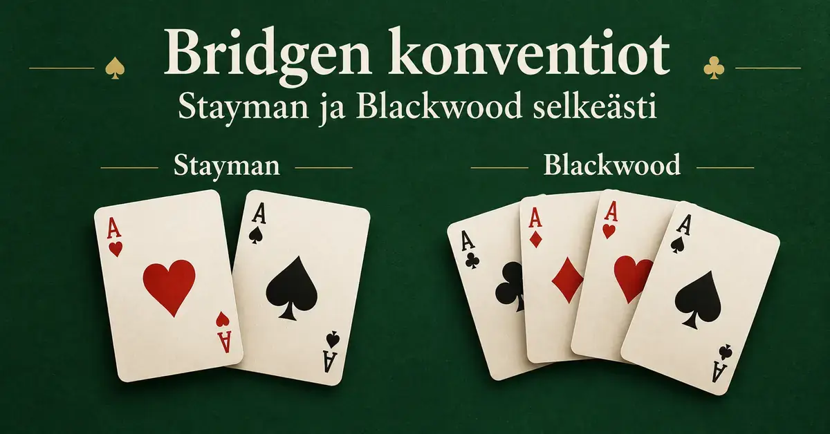 Vihreäpohjainen kuvitus bridgen Stayman- ja Blackwood-konventioista, jossa Staymania havainnollistavat hertta ja pata sekä Blackwoodia neljä ässää.