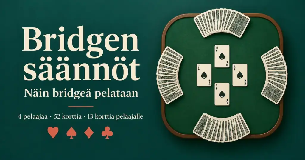 Bridgen sääntöjä esittelevä kuva, jossa on neljän pelaajan kortit vihreän pelipöydän ympärillä ja keskellä neljä patakorttia.