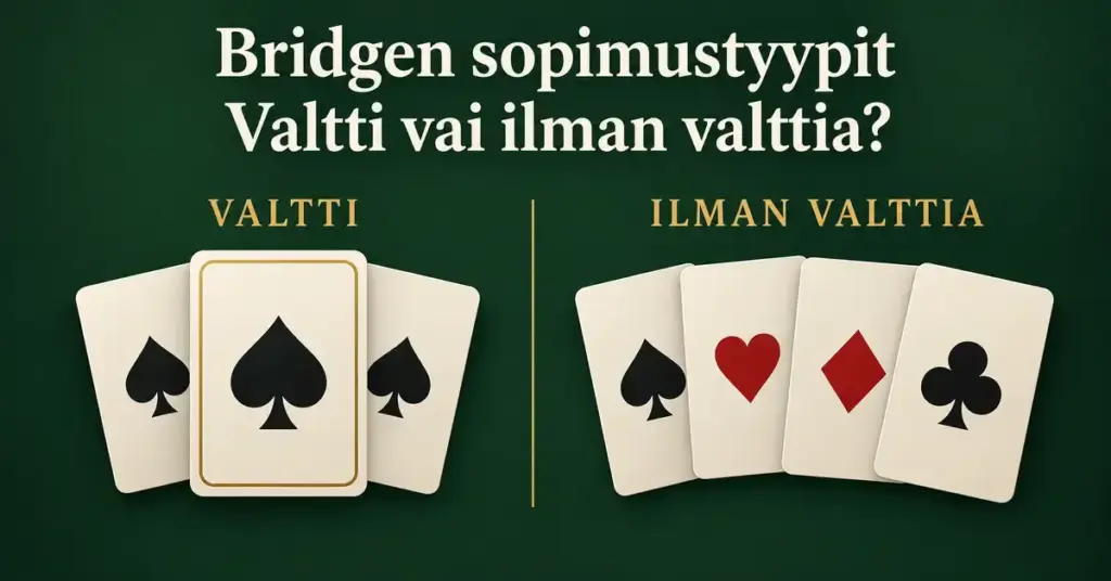 Bridgen sopimustyyppejä vertaileva kuva, jossa valttisopimusta havainnollistavat korostetut patakortit ja ilman valttia pelaamista kaikkien neljän maan kortit.