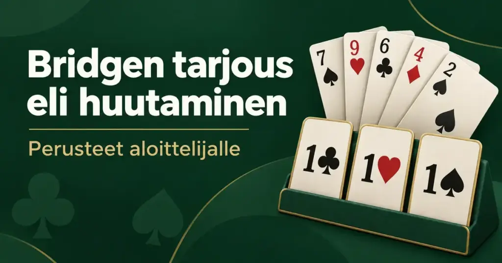 Pelikortteja ja yhden tason risti-, hertta- ja patatarjouksia vihreällä taustalla sekä teksti Bridgen tarjous eli huutaminen – Perusteet aloittelijalle.