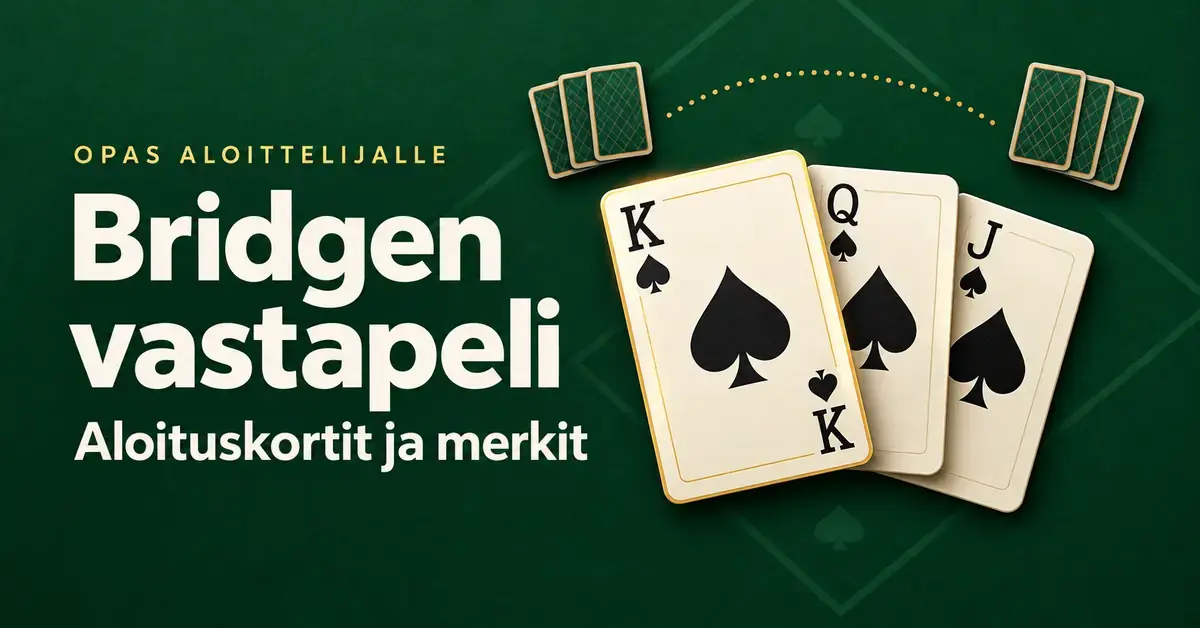 Bridgen vastapeliä esittelevä kuvitus, jossa patakuningas, patarouva ja patasotilas sekä kultainen katkoviiva havainnollistavat aloituskortteja ja puolustajien merkinantoa.