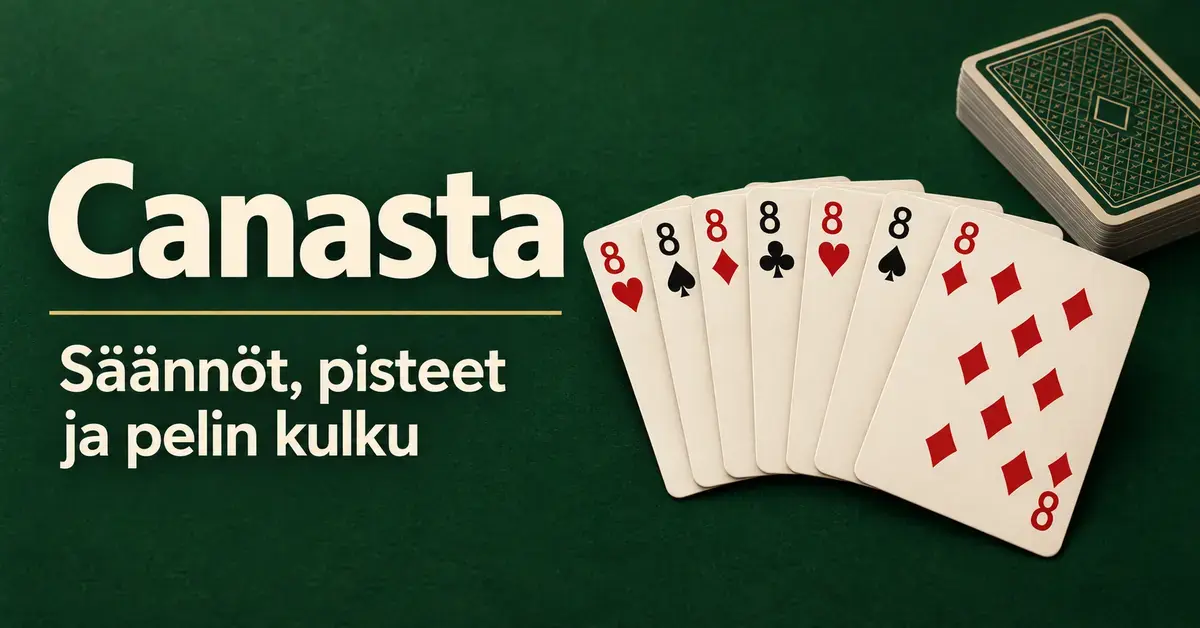 Seitsemän kahdeksikon muodostama canasta ja korttipakka vihreällä pelipöydällä sekä teksti ”Canasta – Säännöt, pisteet ja pelin kulku”.