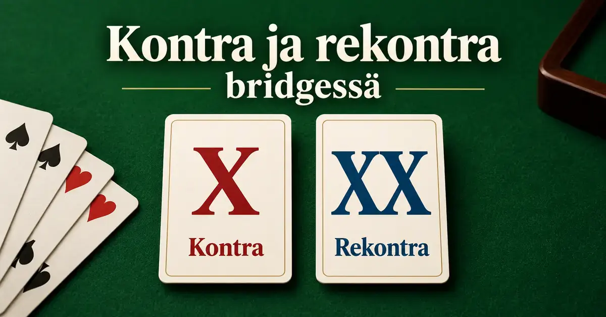 Vihreällä bridgepöydällä on pelikortteja sekä kontran punaisella X-merkillä ja rekontran sinisellä XX-merkillä esittävät tarjouskortit.