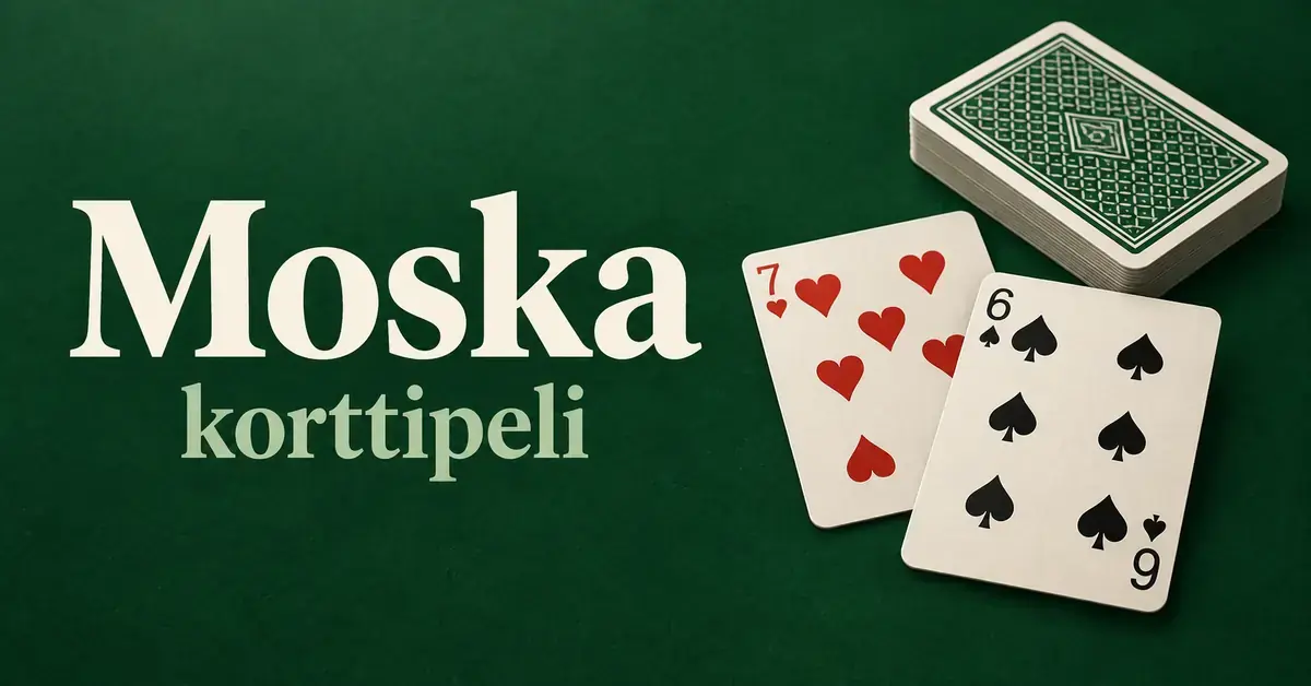 Moska-korttipelin kuvitus, jossa vihreällä pelipöydällä on korttipakka, kaksi päällekkäistä pelikorttia ja teksti Moska korttipeli.