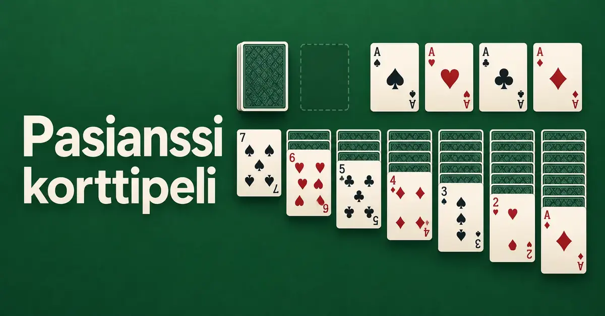 Pelikortit on aseteltu pasianssin sarakkeisiin vihreälle pelialustalle, ja vieressä lukee Pasianssi korttipeli.