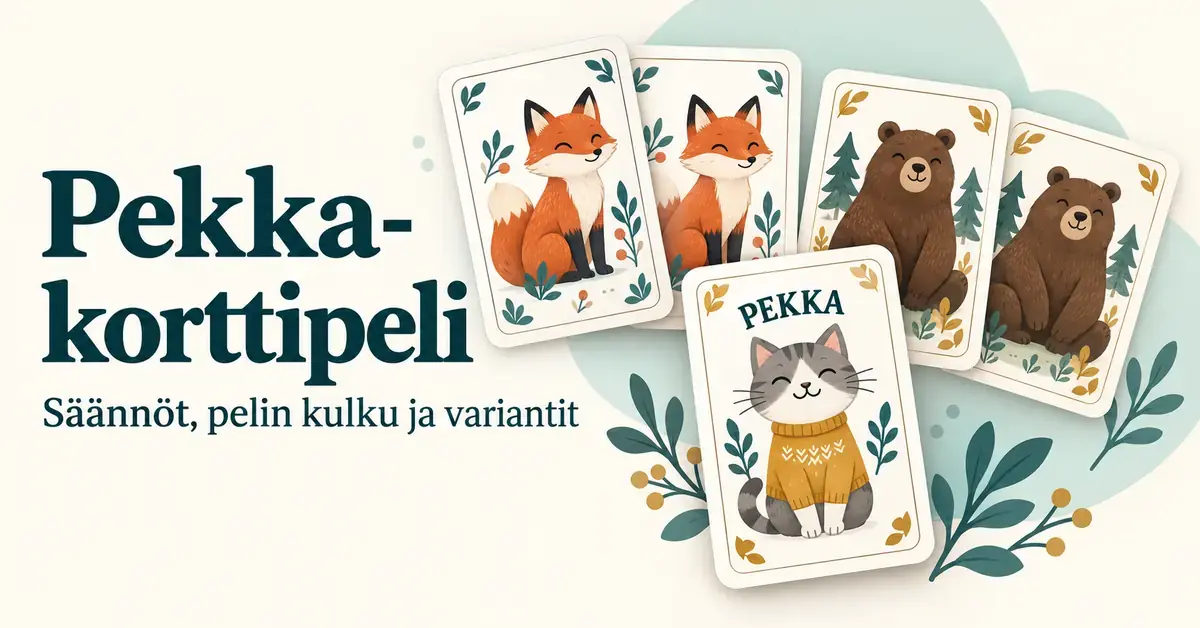Pekka-korttipelin kuvituksessa on kaksi kettukorttia, kaksi karhukorttia ja pariton Pekka-kortti sekä teksti ”Pekka-korttipeli – Säännöt, pelin kulku ja variantit”.