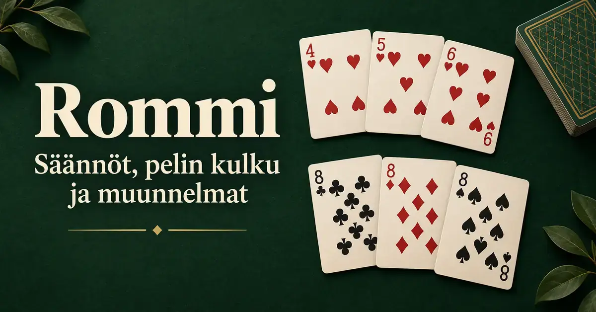 Vihreällä taustalla on rommin herttasuora, kolmen kahdeksikon setti ja teksti ”Rommi – Säännöt, pelin kulku ja muunnelmat”.