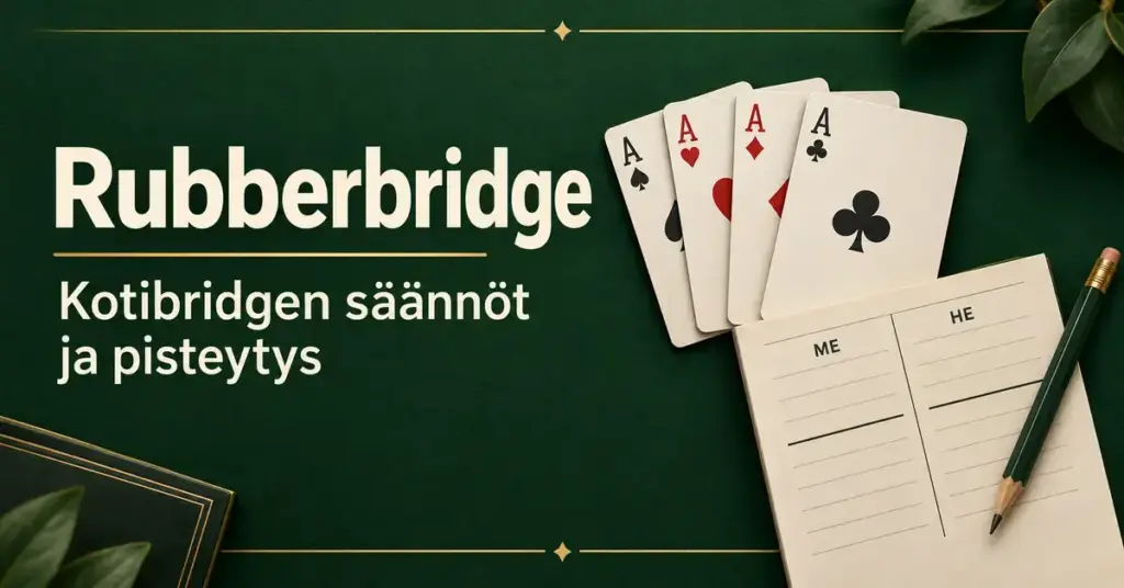 Neljä ässää, pistelaskulomake ja lyijykynä vihreällä taustalla sekä teksti ”Rubberbridge – Kotibridgen säännöt ja pisteytys”.